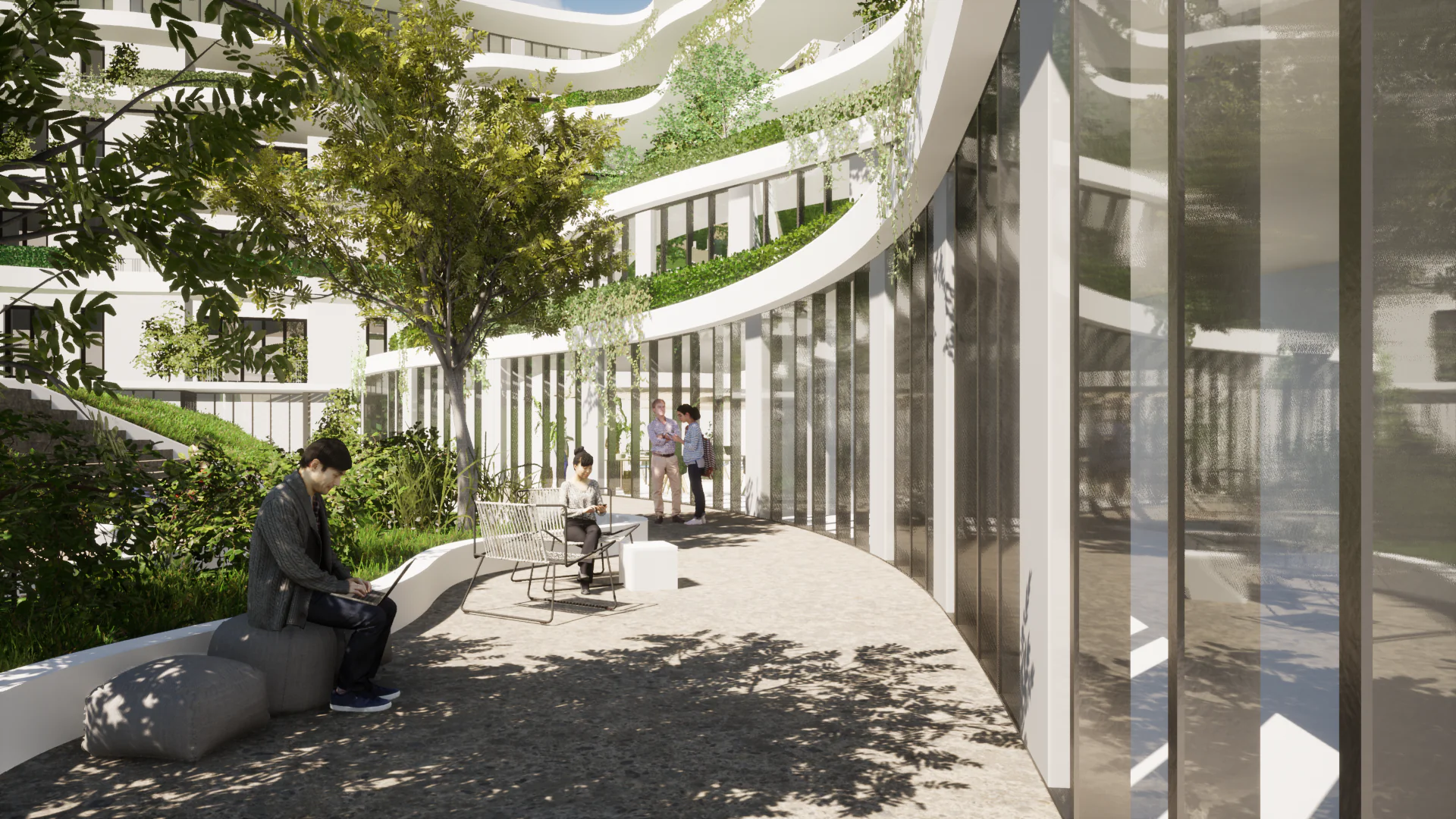 Begrünter, geschwungener Innenhof eines Gebäudes von Linear Architekten